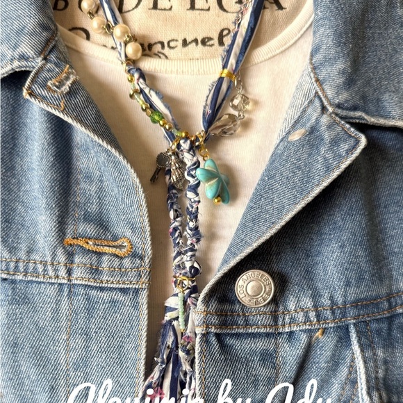 Chunky Blue and Silver Statement Necklace fabric floral cloth alpha - Picture 1 of 7